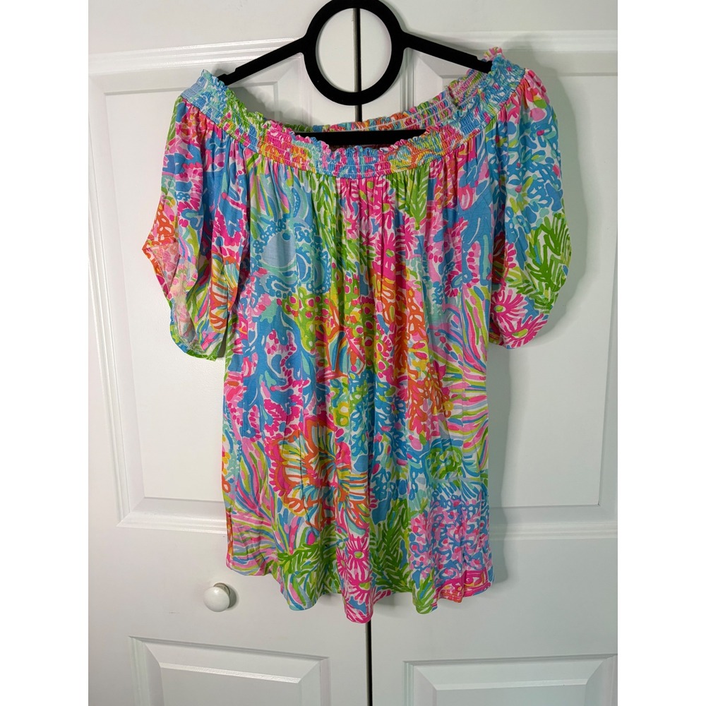 Lilly Pulitzer Almeria Off-the-shoulder Tunic Blouse Lovers Coral Pink Blue M